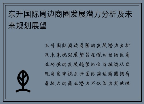 东升国际周边商圈发展潜力分析及未来规划展望