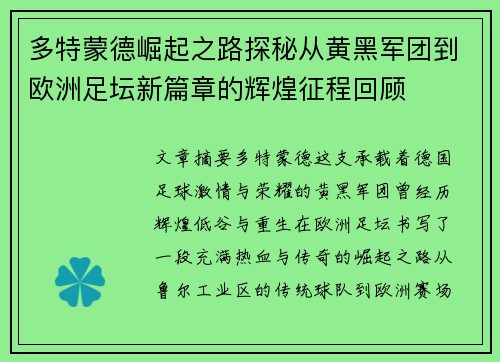 多特蒙德崛起之路探秘从黄黑军团到欧洲足坛新篇章的辉煌征程回顾